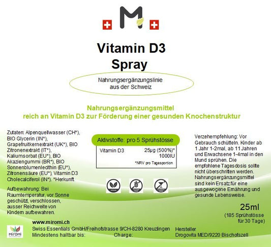 Vitamin D3 Spray – Rückseite mit Etikette und Inhaltsstoffen | MIROMI - Swiss Essentials GmbH