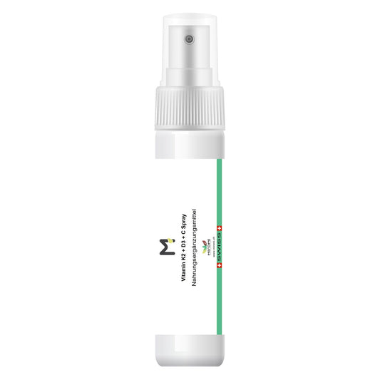 MIROMI vitamina K2 D3 C Spray, 25 ml: flacone spray bianco visto di fronte.