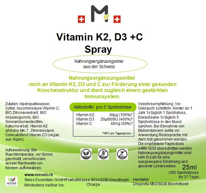 MIROMI vitamina K2 D3 C Spray, 25 ml: etichetta con informazioni sul prodotto.