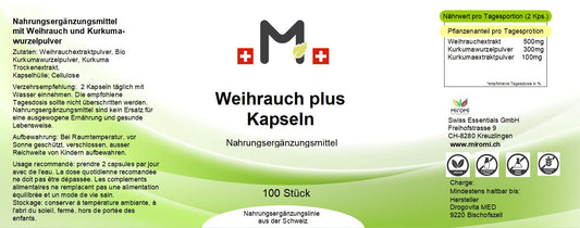 Weihrauch plus Kapseln – Rückseite mit Etikette und Inhaltsstoffen | MIROMI - Swiss Essentials GmbH