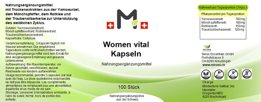 Women vital Kapseln – Rückseite mit Etikette und Inhaltsstoffen | MIROMI - Swiss Essentials GmbH