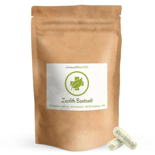Zeolite bentonite, 100 pezzi: busta marrone accanto a capsule.