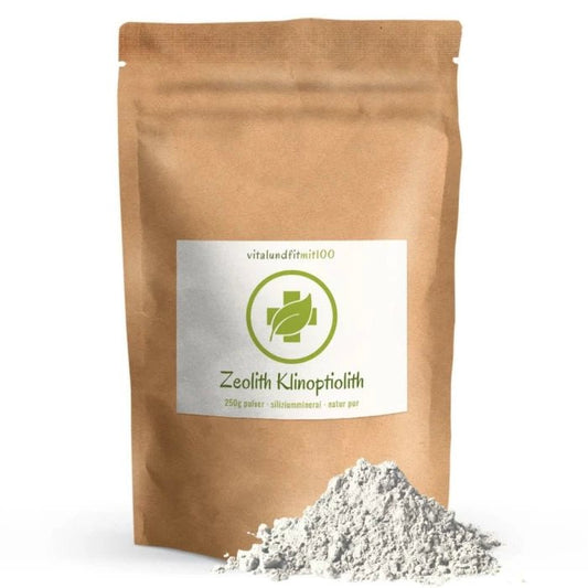 Zeolite clinoptilolite, 250 g: busta marrone accanto a polvere grigia.