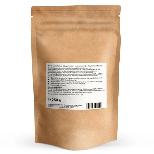 Zeolith Klinoptilolith (Naturzeolith) Pulver 250 g – Rückseite mit Etikette und Inhaltsstoffen | MIROMI - Swiss Essentials GmbH