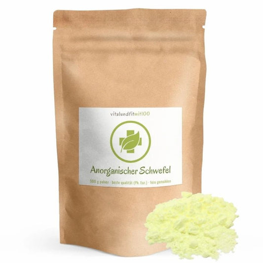 Anorganischer Schwefel, 500 g: brauner Beutel neben gelbem Pulver.