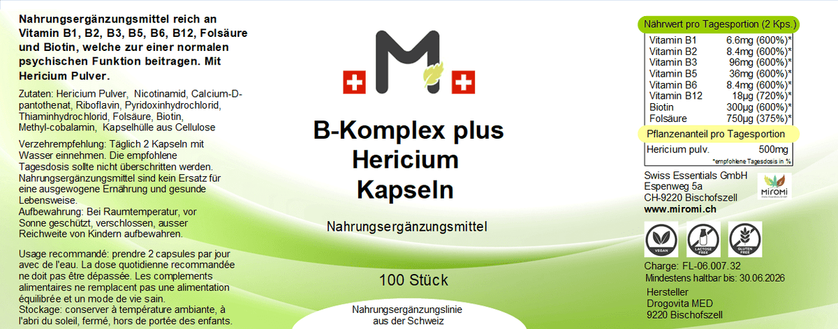 MIROMI B-Komplex plus Hericium: Etikett mit Produktangaben.