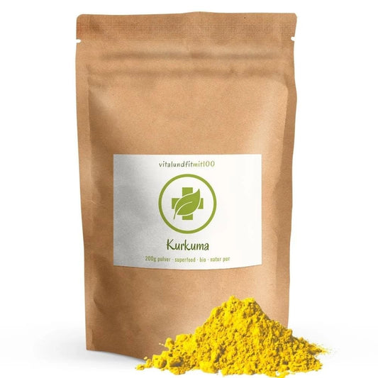 Organic turmeric, 200 g: brown pouch next to yellow powder.