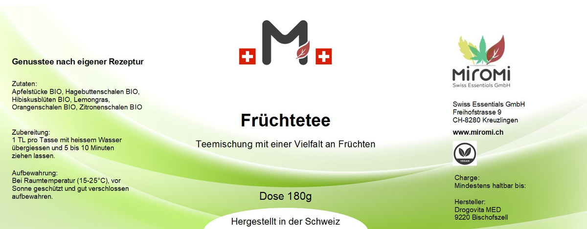 MIROMI Früchtetee, 180 g: Etikett mit Produktangaben.