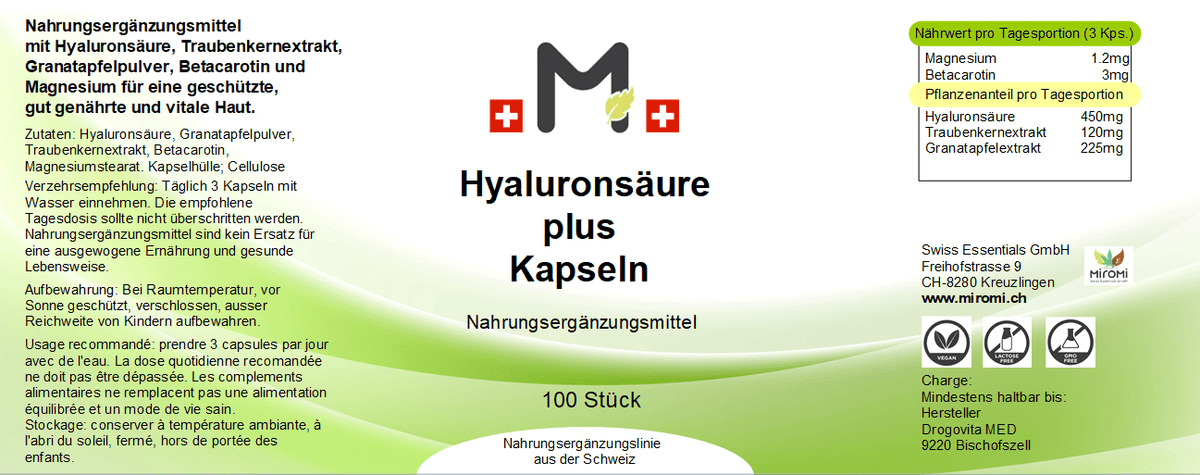 MIROMI Hyaluronsäure plus, 100 Stk.: Etikett mit Produktangaben.