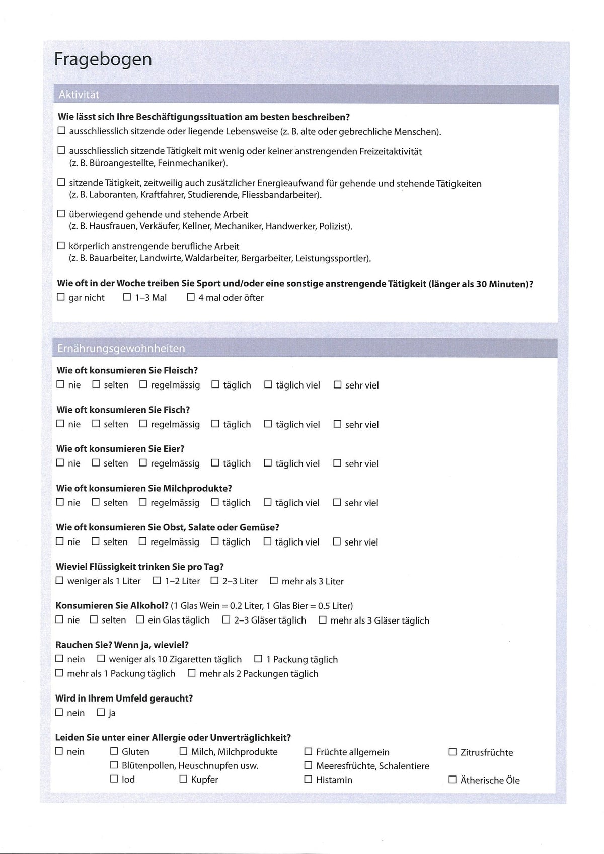 HCK Mikronährstoffe: Fragebogenseite zur Ernährung.