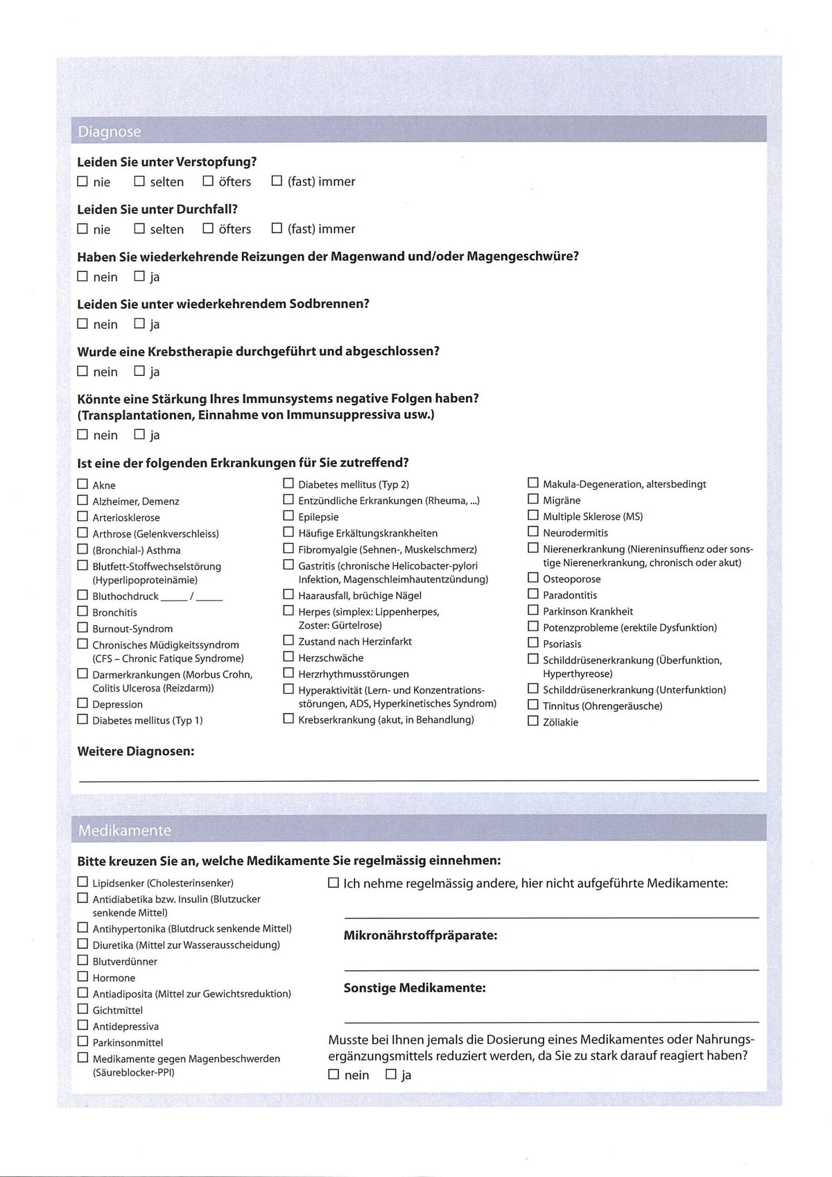 HCK Mikronährstoffe: Fragebogenseite zu Beschwerden und Gesundheit.
