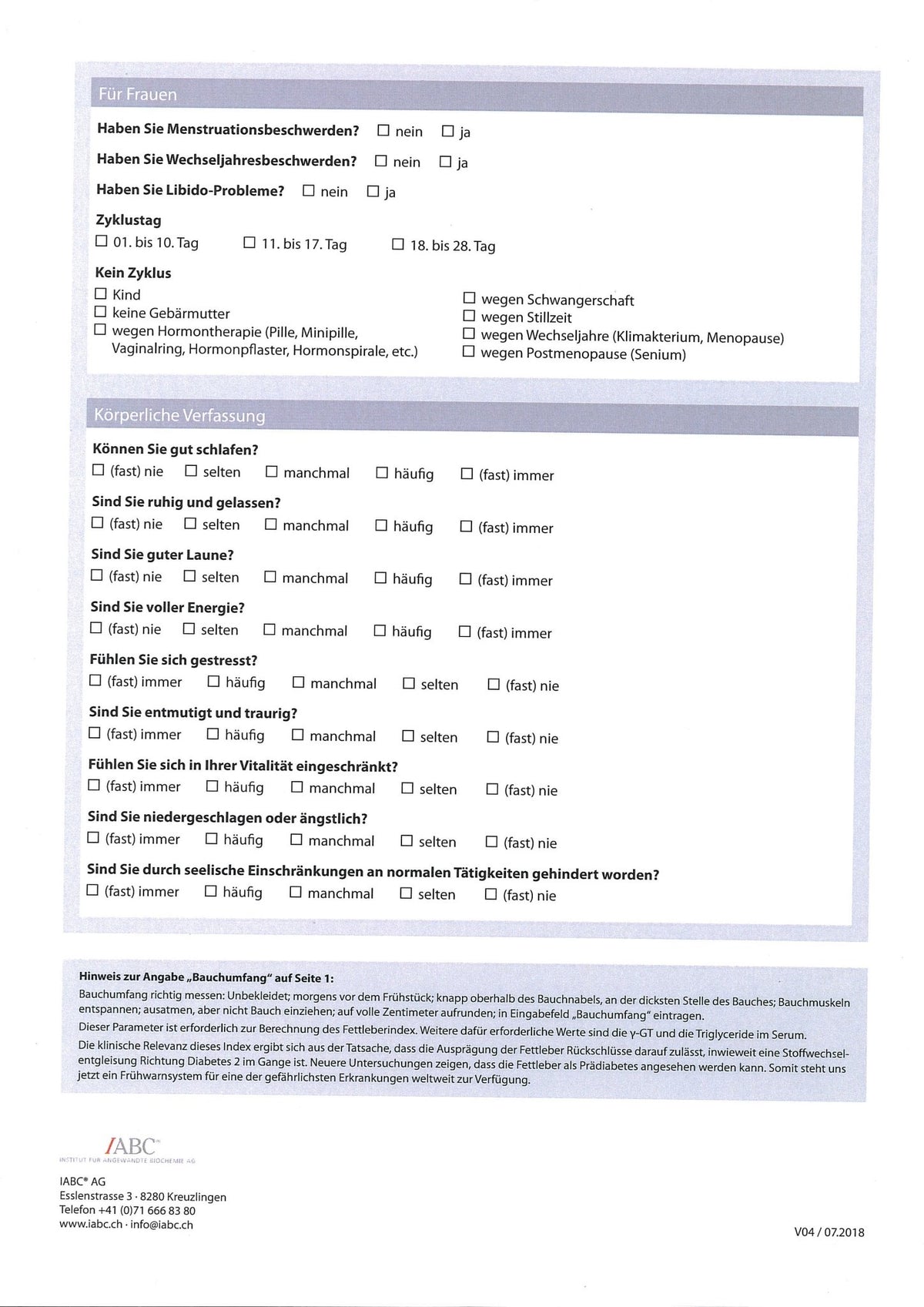 HCK Mikronährstoffe: Ergänzungsseite des Fragebogens.