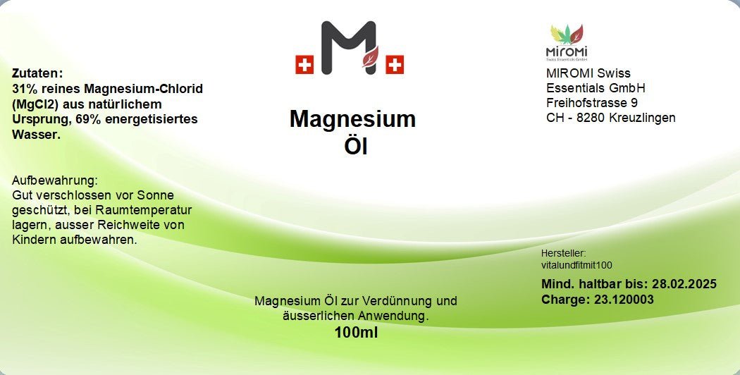 Magnesiumöl in Glasflasche inkl. Zerstäuber/Sprühkopf 100 ml - MIROMI - Swiss Essentials GmbH