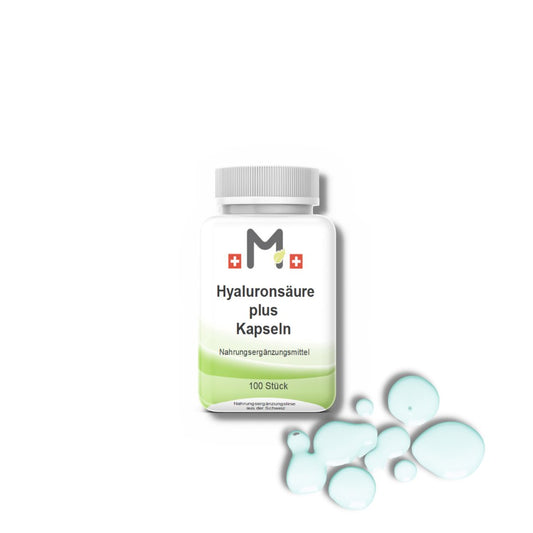 MIROMI Hyaluronsäure plus, 100 Stk.: weisse Dose vor einer Grafik mit Blasen.