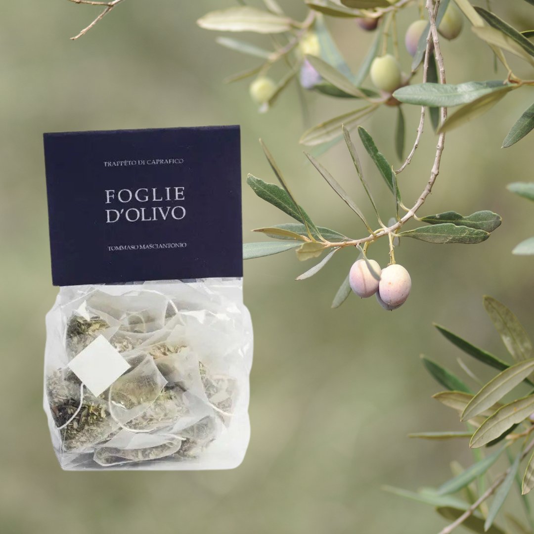 Foglie d'Olivo: Olivenblättertee-Packung neben Olivenzweigen.