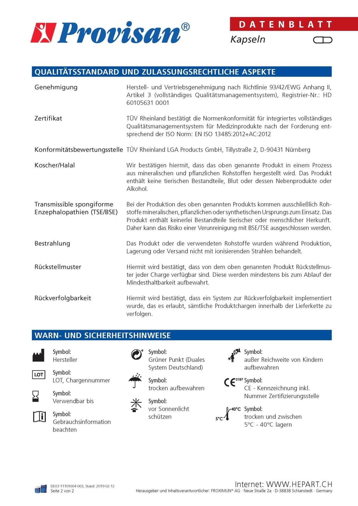 Provisan Detox: Datenblatt mit Produktinformationen.