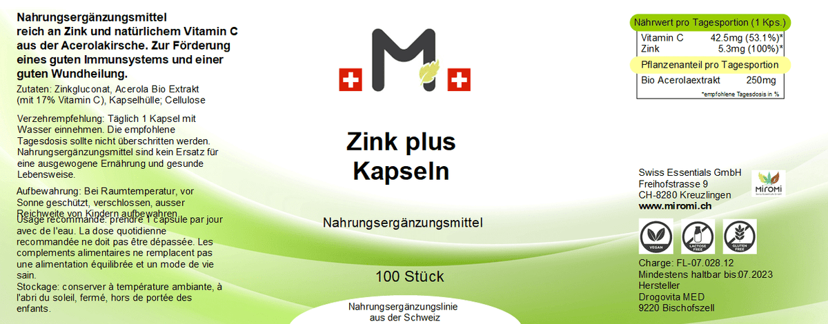 MIROMI Zink plus, 100 Stk.: Etikett mit Produktangaben.