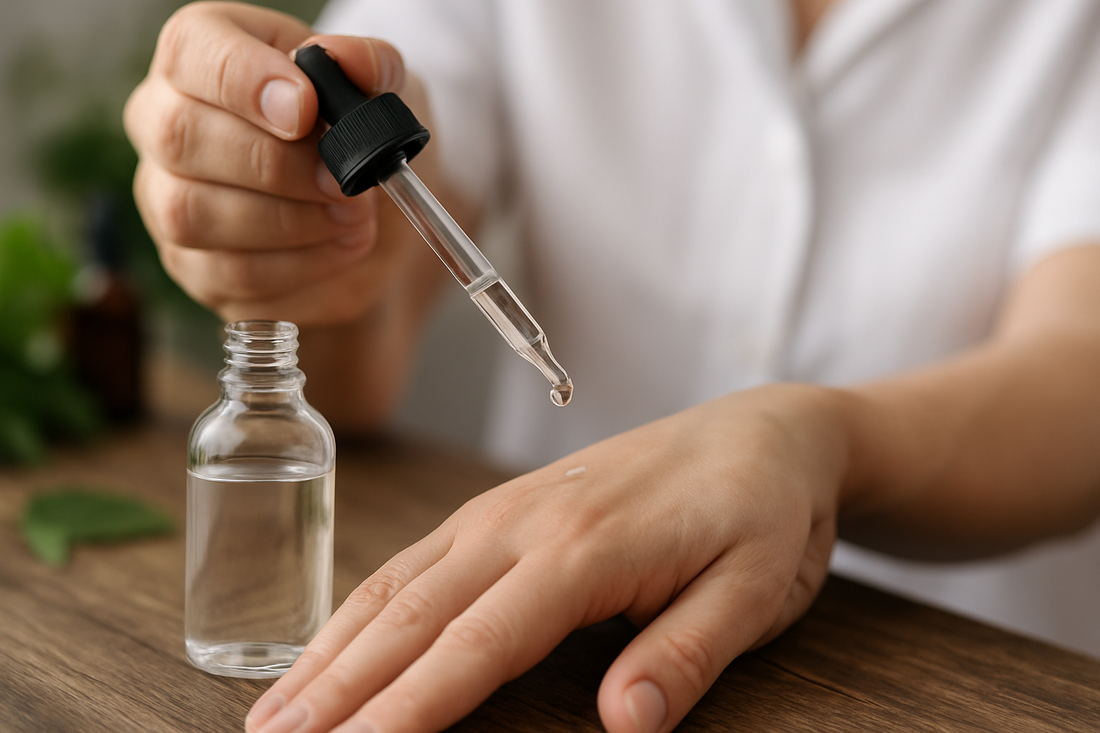 Glaspipette über einer Hand neben einer kleinen Flasche mit klarer Flüssigkeit