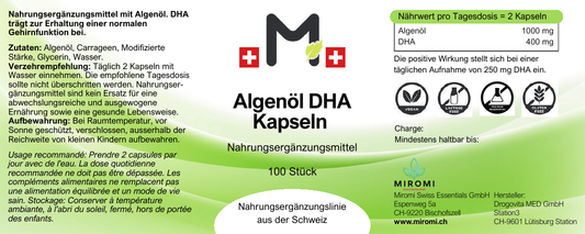 Algenöl DHA Kapseln – MIROMI Etikett mit Zutaten, Verzehrempfehlung und Nährwerten