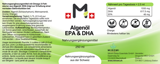 Algenöl EPA & DHA – MIROMI Etikett mit Zutaten, Verzehrempfehlung und Nährwerten
