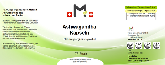  Ashwagandha Kapseln 75 Stk – Rückseite mit Etikette und Inhaltsstoffen |  MIROMI - Swiss Essentials GmbH