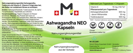 Ashwagandha NEO Kapseln – MIROMI Etikett mit Zutaten, Verzehrempfehlung und Nährwerten