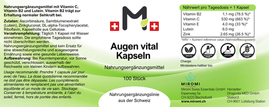 Capsule Augen vital – etichetta MIROMI con ingredienti, modalità d’uso e valori nutrizionali