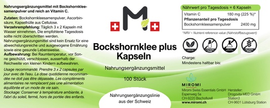 Bockshornklee plus Kapseln – MIROMI Etikett mit Zutaten, Verzehrempfehlung und Nährwerten