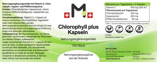 Capsule Clorofilla plus – etichetta MIROMI con ingredienti, modalità d’uso e valori nutrizionali