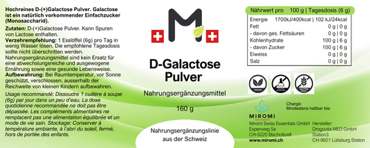 Polvere di D-galattosio – etichetta MIROMI con ingredienti, modalità d’uso e valori nutrizionali