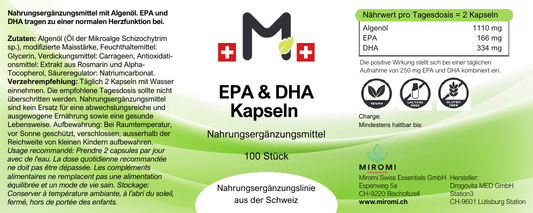 Capsule EPA e DHA – etichetta MIROMI con ingredienti, modalità d’uso e valori nutrizionali