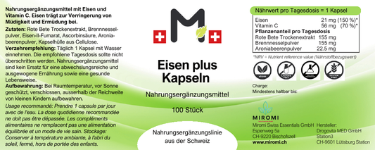 Capsule Ferro plus – etichetta MIROMI con ingredienti, modalità d’uso e valori nutrizionali