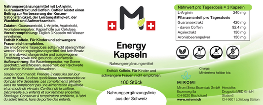 Capsule Energy – etichetta MIROMI con ingredienti, modalità d’uso e valori nutrizionali
