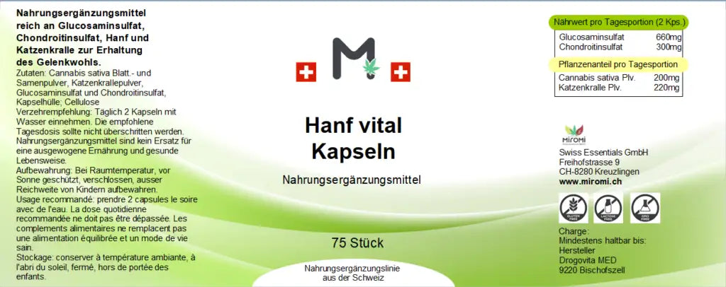  Vital Kapseln – Rückseite mit Etikette und Inhaltsstoffen |  MIROMI - Swiss Essentials GmbH