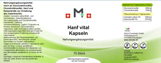  Vital Kapseln – Rückseite mit Etikette und Inhaltsstoffen |  MIROMI - Swiss Essentials GmbH