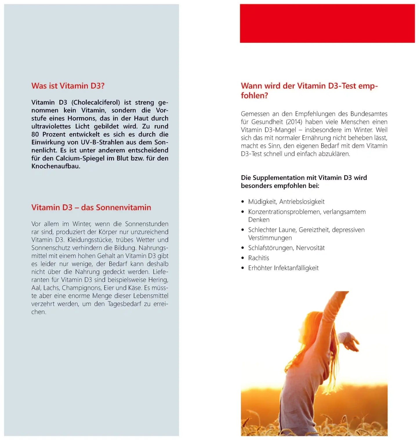 IABC vitamina D3: pagina di opuscolo con testo e illustrazioni.