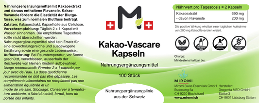 Capsule Kakao-Vascare – etichetta MIROMI con ingredienti, modalità d’uso e valori nutrizionali