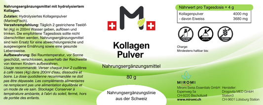 Polvere di collagene – etichetta MIROMI con ingredienti, modalità d’uso e valori nutrizionali