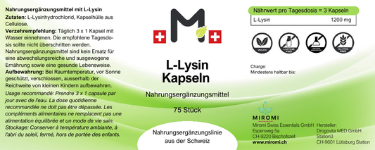Capsule di L-lisina – etichetta MIROMI con ingredienti, modalità d’uso e valori nutrizionali