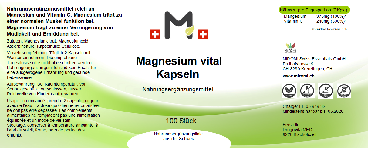 Magnesium vital Kapseln - MIROMI - Swiss Essentials GmbH