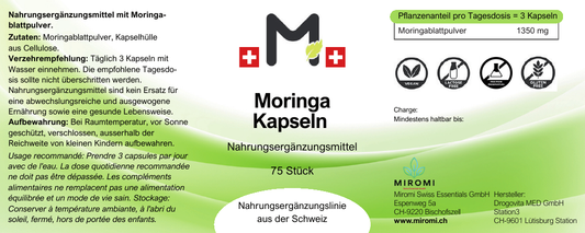 Capsule di moringa – etichetta MIROMI con ingredienti, modalità d’uso e valori nutrizionali