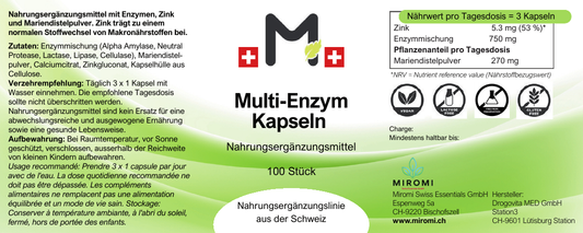 Capsule multi-enzima – etichetta MIROMI con ingredienti, modalità d’uso e valori nutrizionali