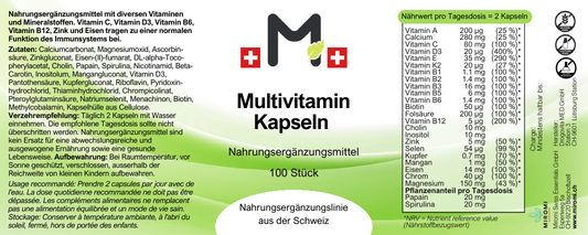 Capsule multivitaminiche – etichetta MIROMI con ingredienti, modalità d’uso e valori nutrizionali