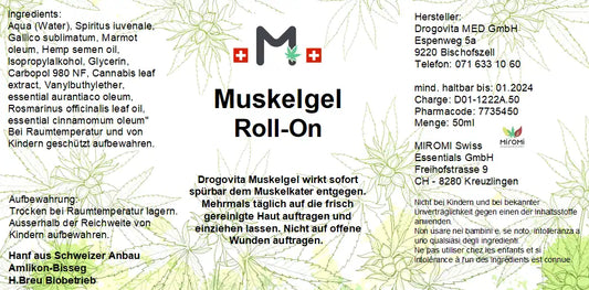  Muskelgel Roll-on – Rückseite mit Etikette und Inhaltsstoffen |  MIROMI - Swiss Essentials GmbH