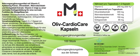 Capsule Oliv-CardioCare – etichetta MIROMI con ingredienti, modalità d’uso e valori nutrizionali