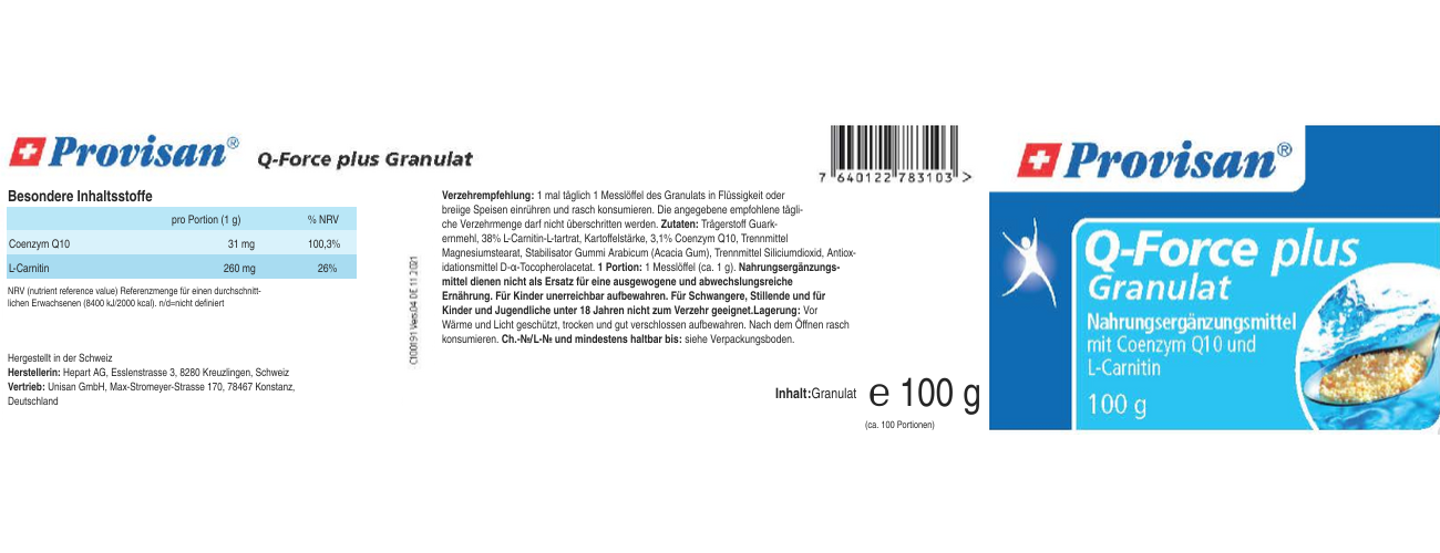 Provisan Q-Force plus, 100 g: étiquette avec les informations produit.
