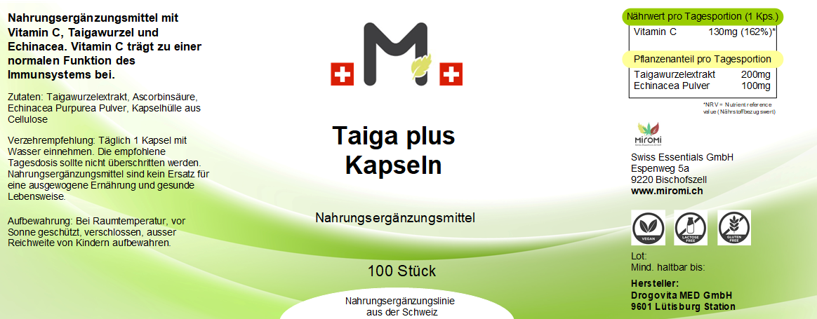  Taiga Echinacea plus Kapseln - 100 Stk. – Rückseite mit Etikette und Inhaltsstoffen |  MIROMI - Swiss Essentials GmbH
