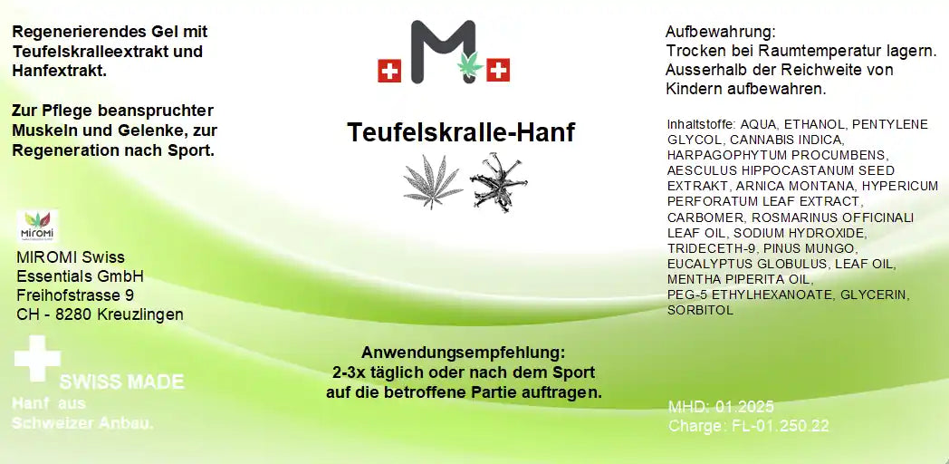 Teufelskralle Gel mit Hanf – Rückseite mit Etikette und Inhaltsstoffen |  MIROMI - Swiss Essentials GmbH