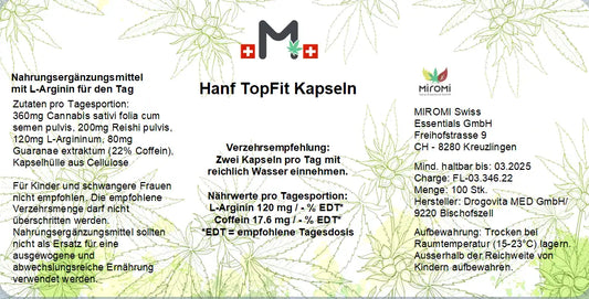  Top Fit Kapseln – Rückseite mit Etikette und Inhaltsstoffen |  MIROMI - Swiss Essentials GmbH