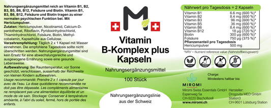Capsule Complesso di vitamine B plus – etichetta MIROMI con ingredienti, modalità d’uso e valori nutrizionali